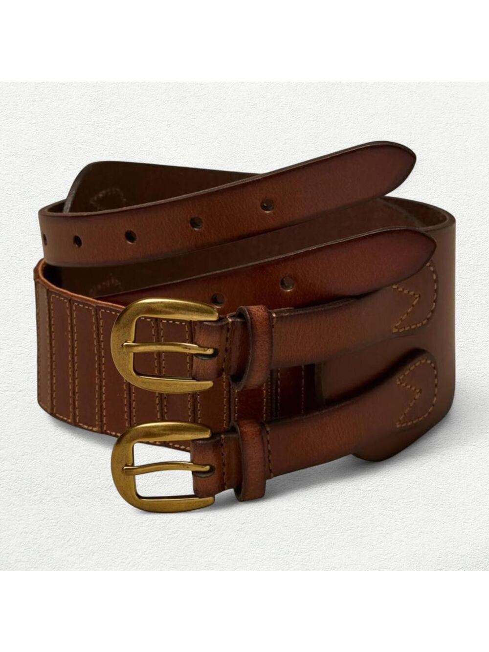 Lucky Brand Double Buckle Leather Stretch Belt in Brown